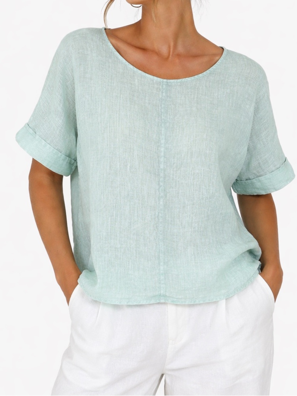 J. Jill Pure Jill Linen Light Aqua Lagenlook Minimalist Cuff Sleeve Blouse Top